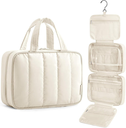 Travel Toiletry Bag for women, Portable Hanging Hook Makeup Bag Organizer, Waterproof Makeup Cosmetic Bag, for Full-Size Accessories, Toiletries, Camel