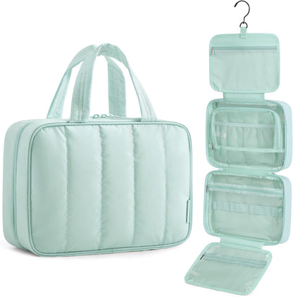 Travel Toiletry Bag for women, Portable Hanging Hook Makeup Bag Organizer, Waterproof Makeup Cosmetic Bag, for Full-Size Accessories, Toiletries, Camel