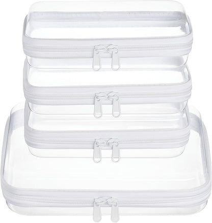 4 pcs Clear Zipper Pouches,Hard Shell Zipper Case, Toiletry Bag for Travel, CLear Diaper Bag, Toiletry Pouch, Travel Organizer, Cosmetic Bag,Toy Storage Bins (M+3S)