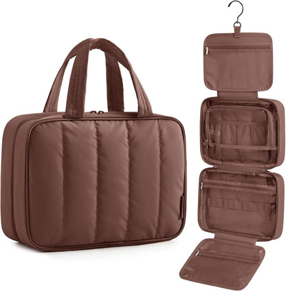Travel Toiletry Bag for women, Portable Hanging Hook Makeup Bag Organizer, Waterproof Makeup Cosmetic Bag, for Full-Size Accessories, Toiletries, Camel