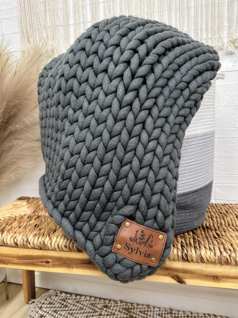 Jumbo Chunky Knit Blanket: Personalized Throw with Engraved Leather Patch