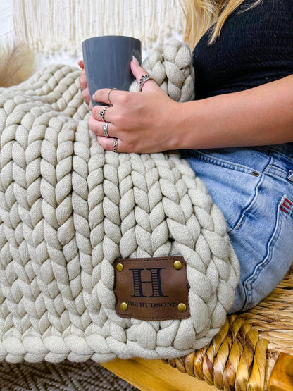 Jumbo Chunky Knit Blanket: Personalized Throw with Engraved Leather Patch