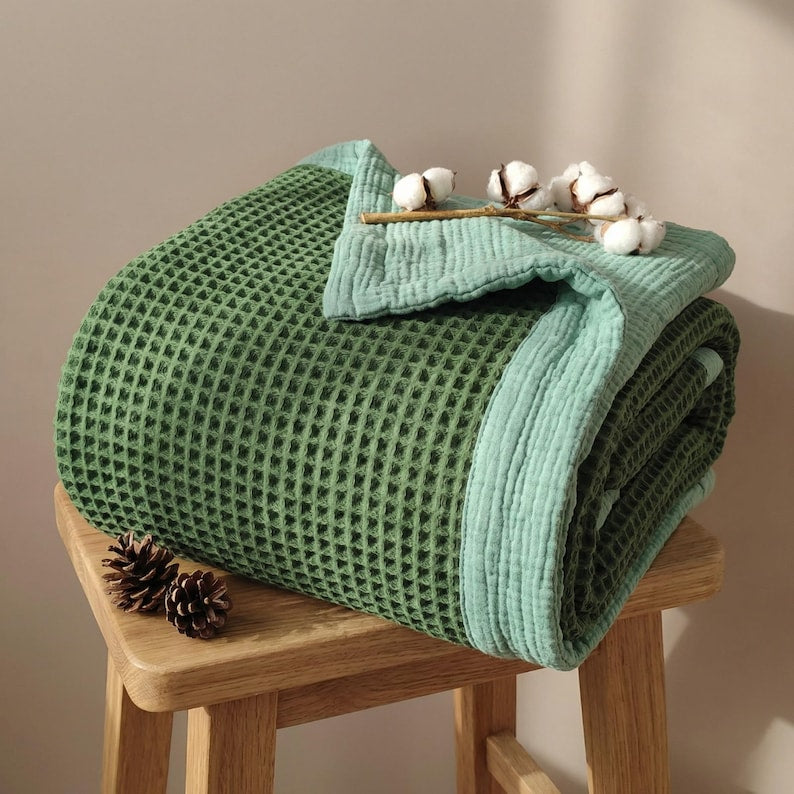 Organic Cotton 8-Layer Waffle & Muslin Blanket – Custom Sizes Available – Waffle Top with Muslin Base – Baby to California King