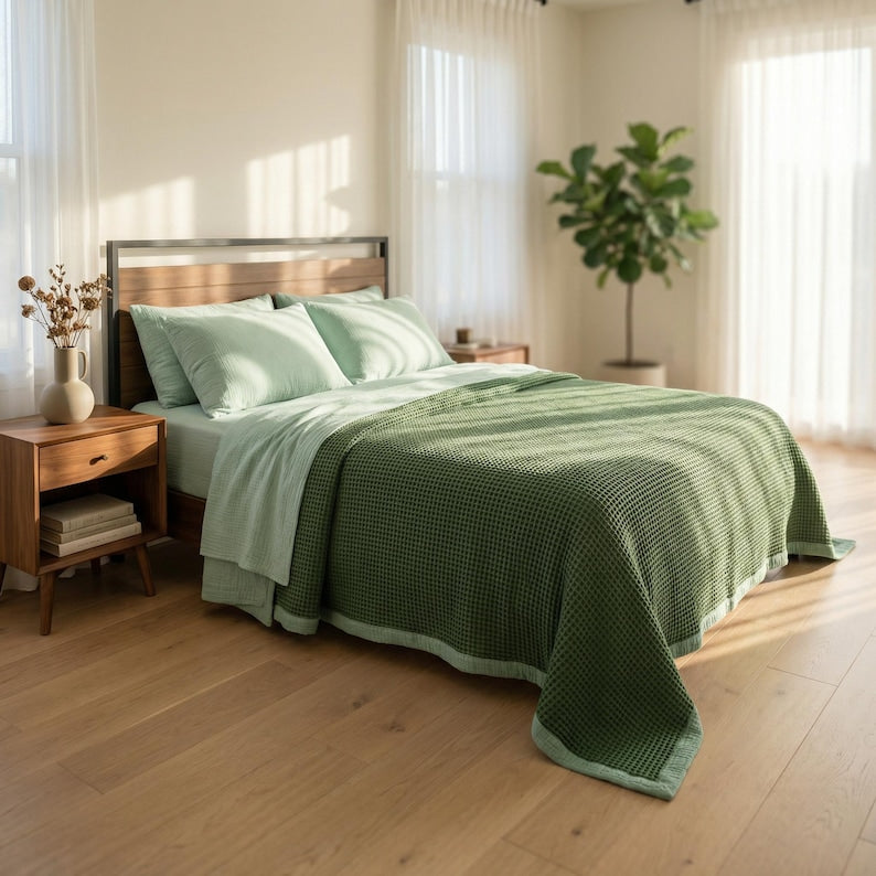 Organic Cotton 8-Layer Waffle & Muslin Blanket – Custom Sizes Available – Waffle Top with Muslin Base – Baby to California King