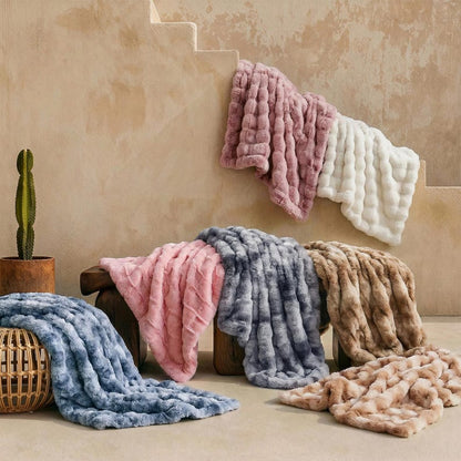 Luxurious Faux Rabbit Fur Bubble Throw Blanket 60"x70" Gift Packaging
