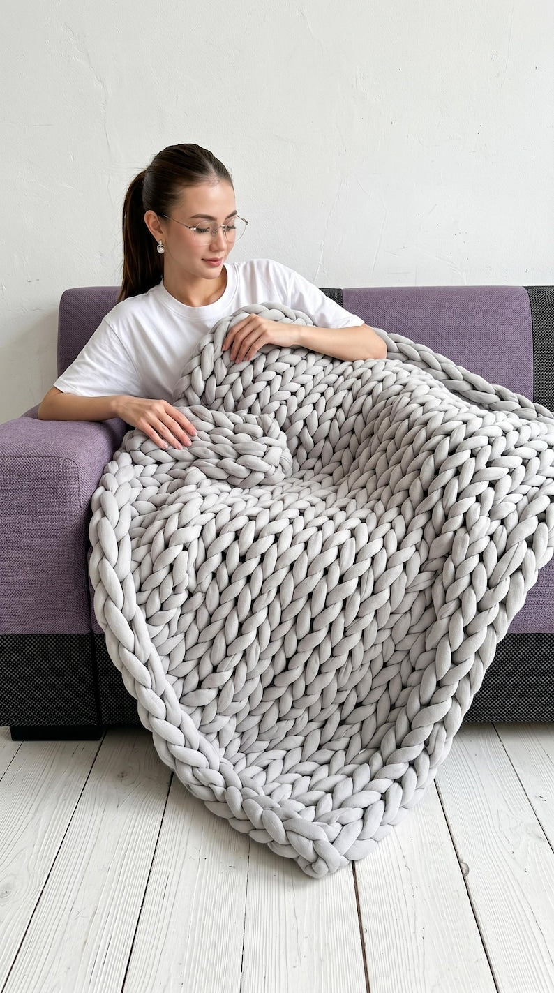 Chunky Cotton Weighted Knit Blanket – Cozy Anxiety Relief Throw, Custom Handmade Gift for Relaxation & Home Comfort